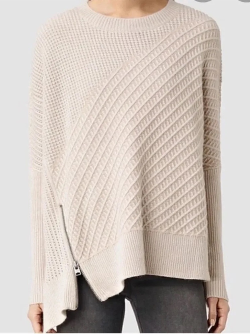 AllSaints Fragment Jumper Small Porcelain Nude Asymmetric Sweater Zipper